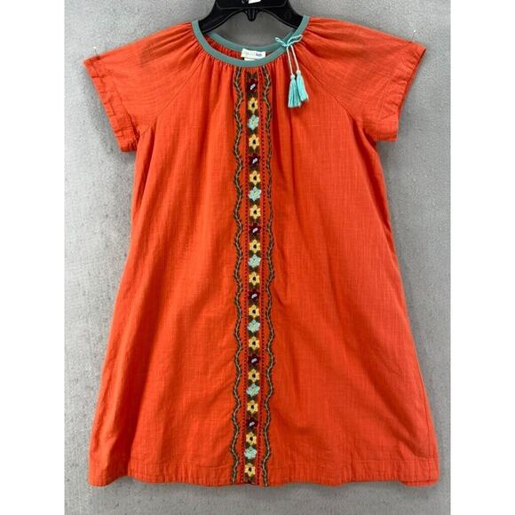 Garnet Hill Kids Dress Sz XL Orange Lined Short Sleeve Embroidered Detail Tassel - Picture 1 of 13